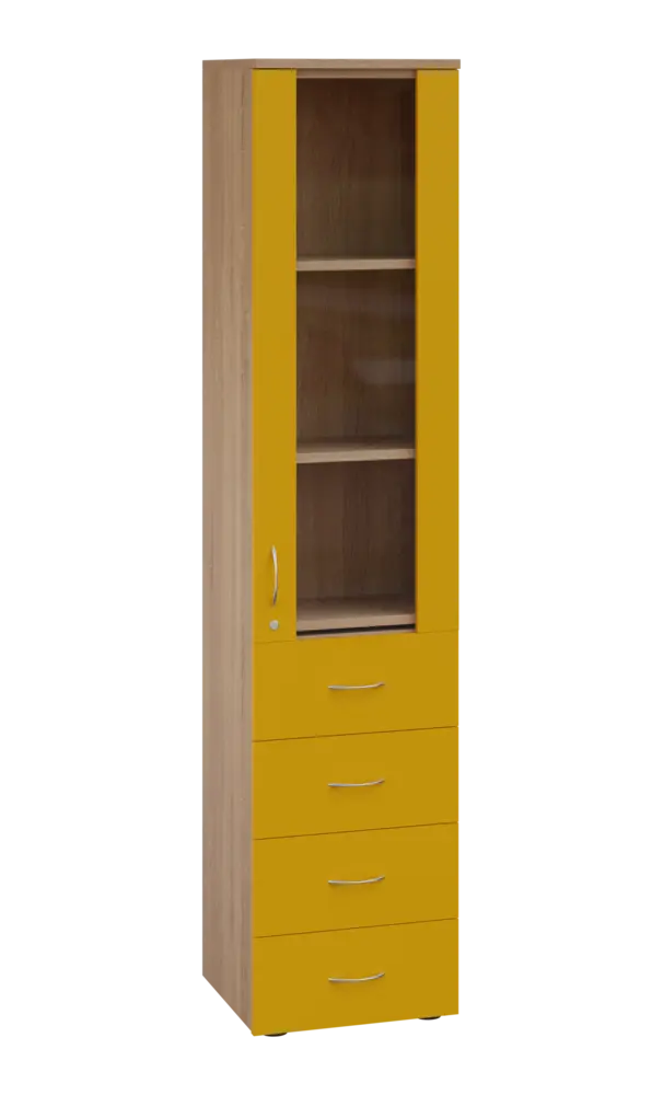 LE - 44 skříň léková prosklená, pravá, korpus dub bardolino, dvířka žlutá odio